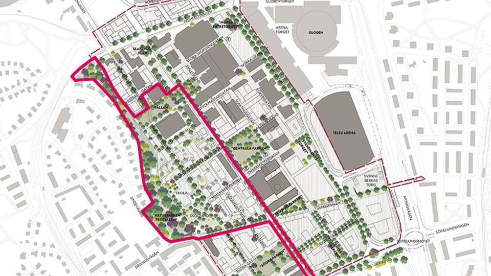Strukturplan med Fållankvarteren etapp 1 i röd heldragen linje. Byggnader som föreslås sparas är markerade med grått. Illustration.